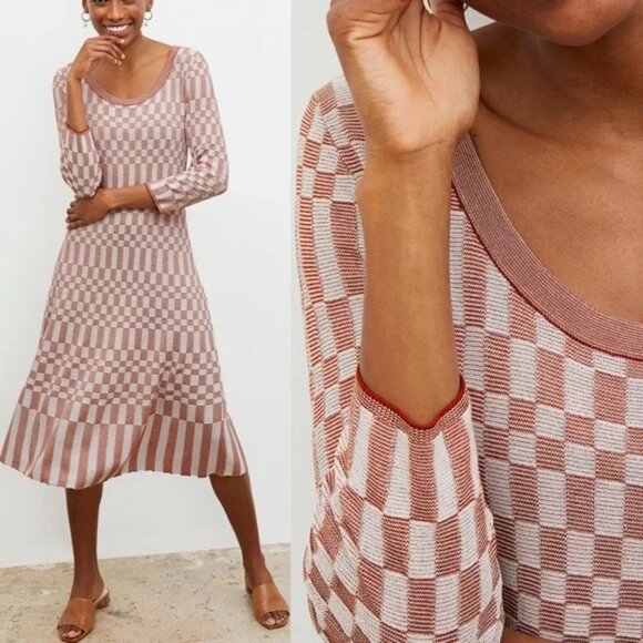 MM Lafleur The Tippy Dress - Checkered Knit Clay & Cream Medium - $279 - Picture 1 of 12